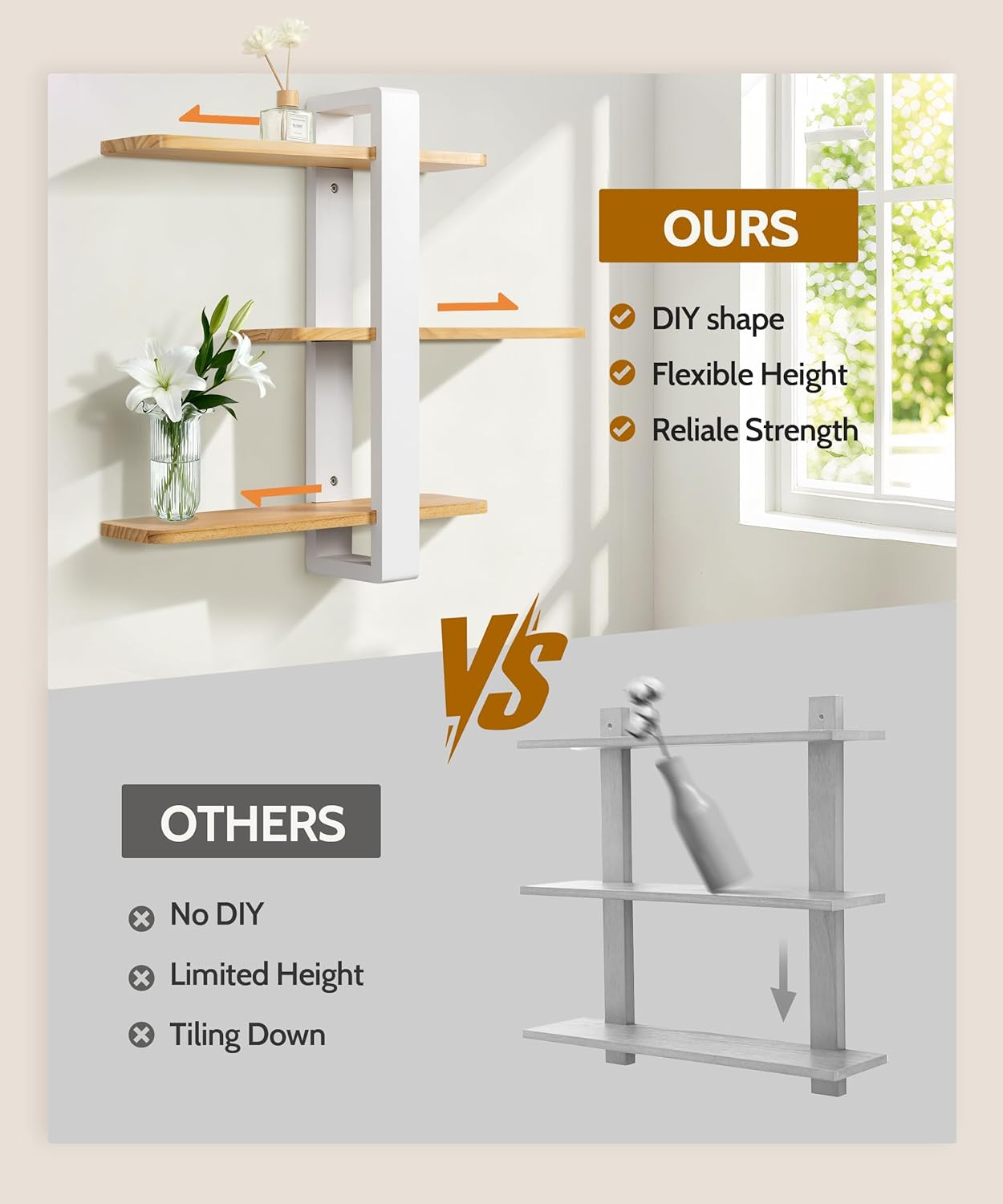 Gronda 3 Tier Wooden Floating Shelves Wall Mounted Shelf Unit for Living Room Bedroom, Easy Adjustable Hanging Shelves for Modern Home Wall Decor,20in
