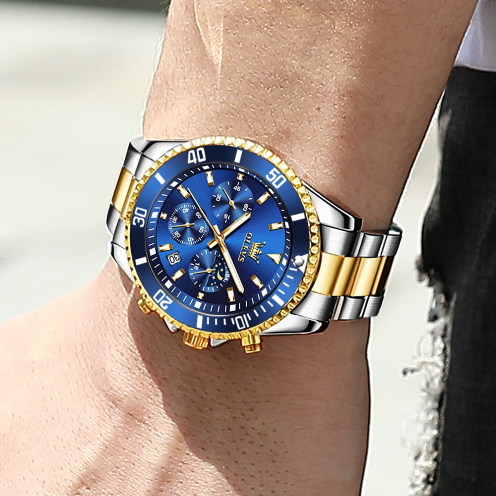 OLEVS Watches for Men Luxury Analog Quartz Chronograph Business Dress Gold Plated Stainless Steel Moon Phase Waterproof Luminous Date Casual Mens Wrist Watches Reloj Para Hombre