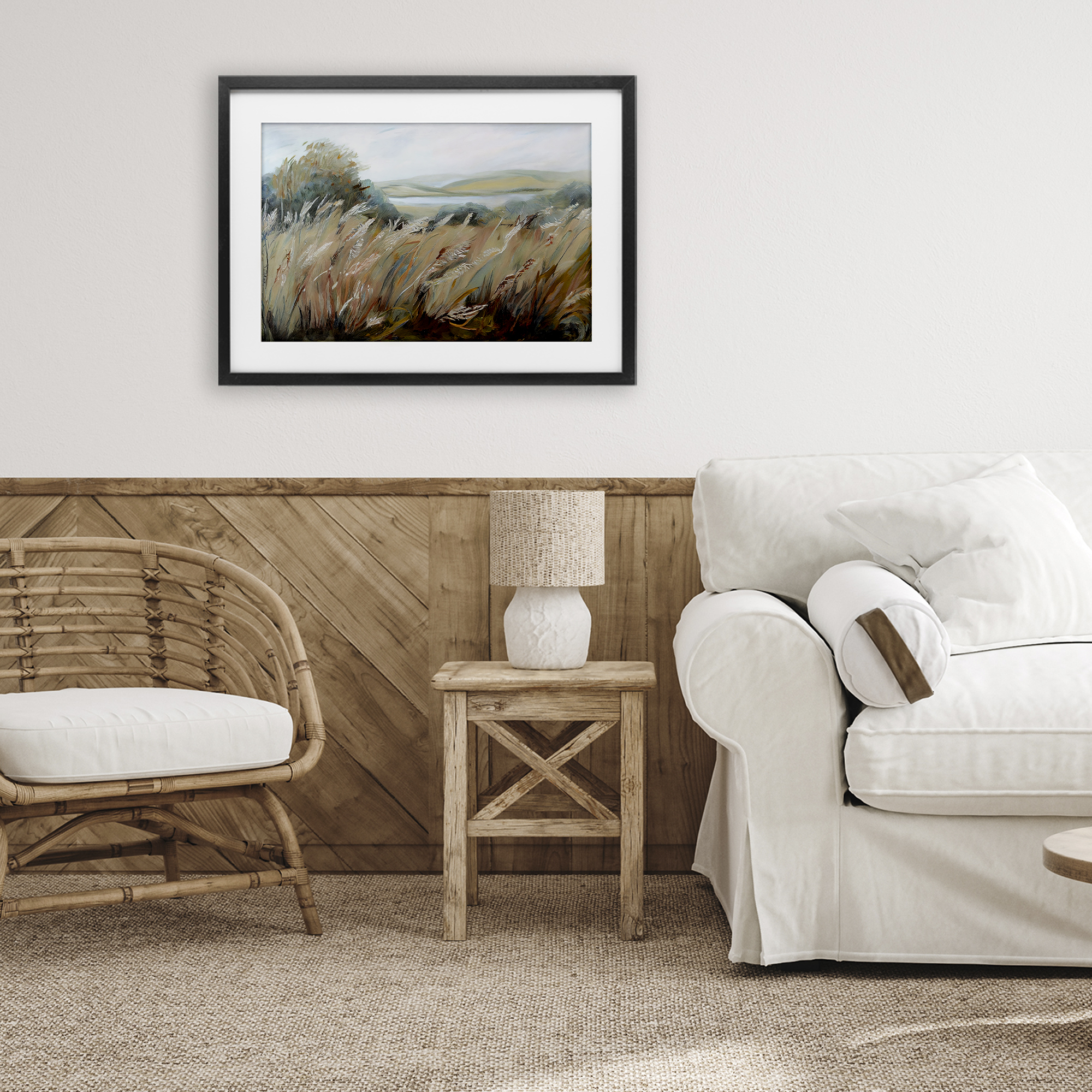 Windy Meadow Distortion Black Framed Print Under Glass, design by Sasha