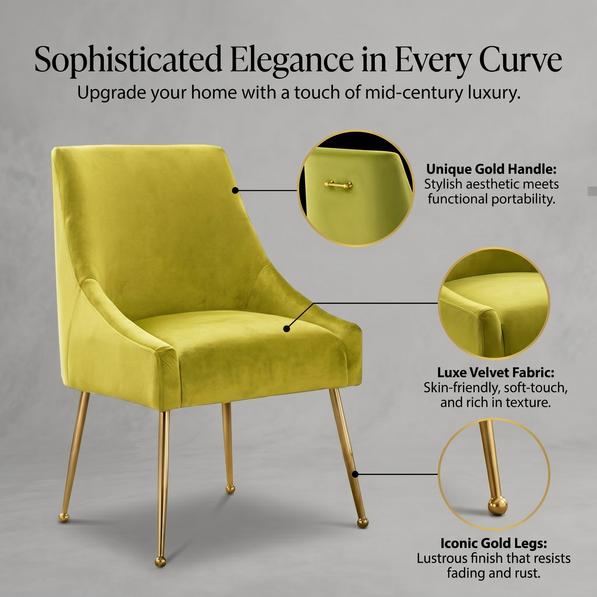 Restworld Velvet Dining Chairs Set of 2, Modern Upholstered Dining Chairs with Gold Metal Legs,Tufted Dining Chairs for Living Room, Bedroom, Kitchen,Yellow green