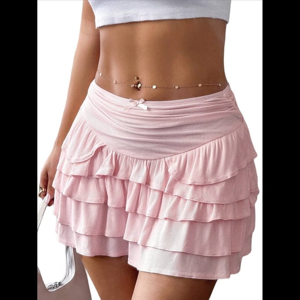 Faldas Vaporosas para Mujer, Faldas Pantalón con Volantes y Lazo, Minifaldas de Cintura Alta para Adolescentes, Faldas Pantalón de Tenis para Verano Rosa L