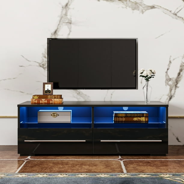 paproos TV Stand for 43 Inch TV, Black TV with 16 Colors LED