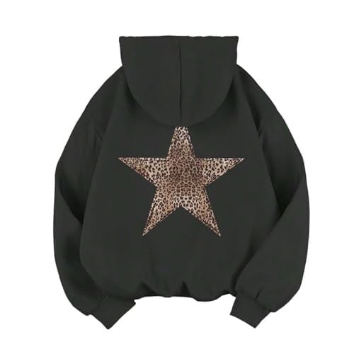 Arlun Leopard Star Graphic Hoodies for Women Oversized Drop Shoulder Long Sleeve Pullover Sweatshirt Plus Size Loose Fit Comfortable Casual Hooded Tops Streetwear Black XL