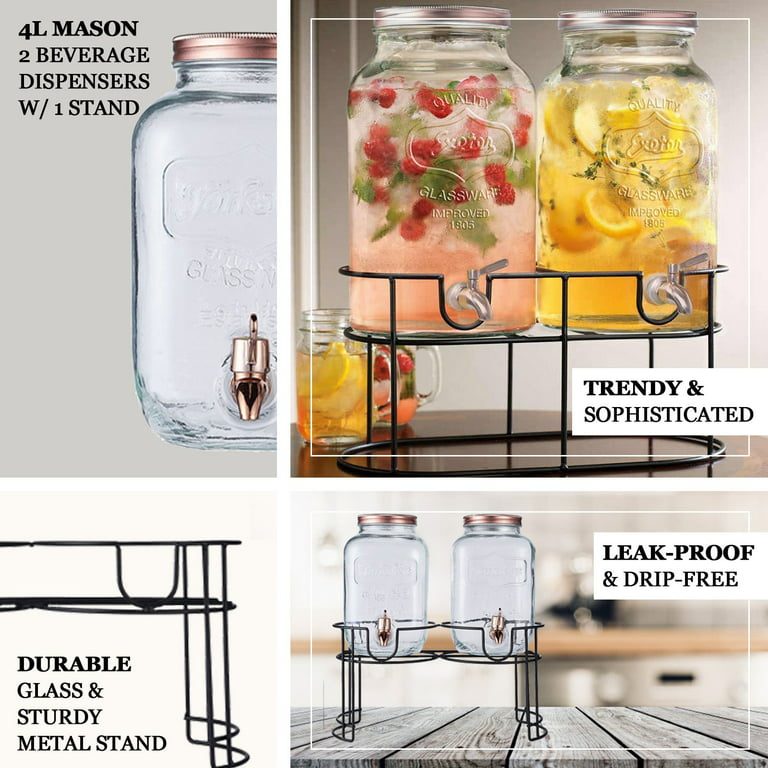 Glass Mason Jar Double Drink Dispenser with Leak Free Spigot on