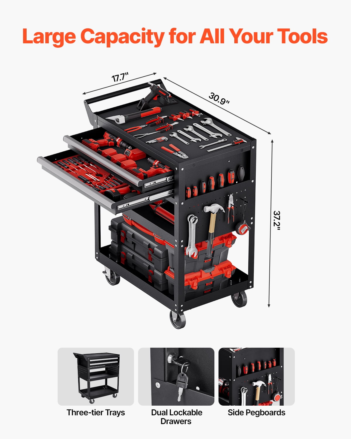 VEVOR 5-Tier Tool Cart with Wheels, 400 lbs Load Capacity, Rolling Work Cart with 2 Drawers & Pegboard, Mechanic Tool Storage Organizer with Locking System for Warehouse and Repair Shop, Black