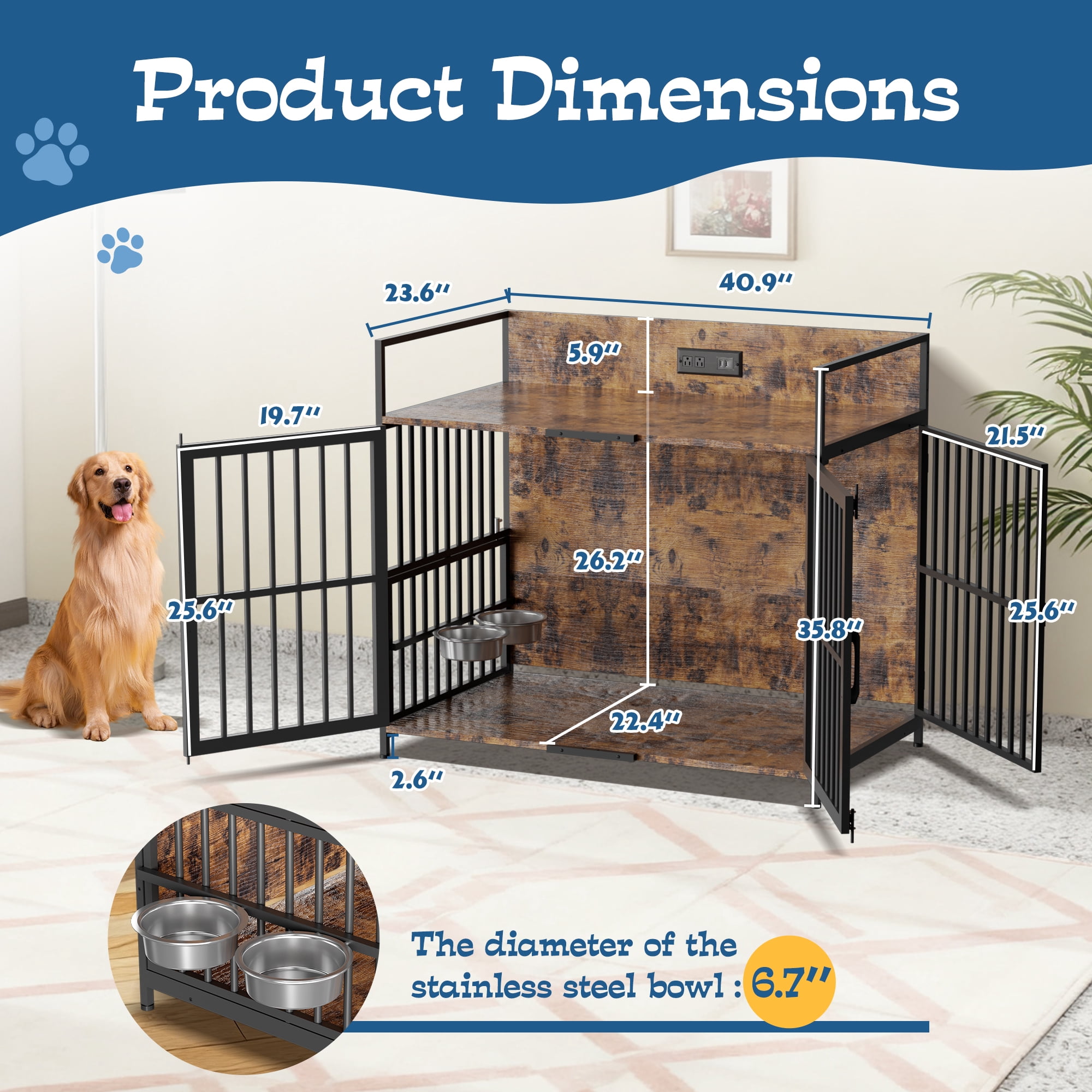 Magic Union 41" Large Dog Crate Furniture, Indoor Dog Kennel with USB Charging Station, Wooden Dogs Crate with 360° Rotating Feeder Bowls and 3 Doors, Medium Dogs Cage for Small/Medium Dogs