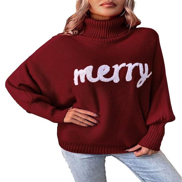 Chandails de Noël pour Femmes Manches Longues Chauve-Souris Col Roulé Pulls