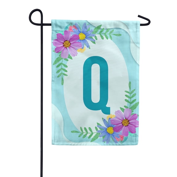 America Forever Spring Monogram Garden Flag Letter Q 12.5 x 18 inches Double Sided Vertical Outdoor, Yard, Lawn, Pink and Blue Flowers, Cosmos, Leaves, Summer Flower Garden Flag