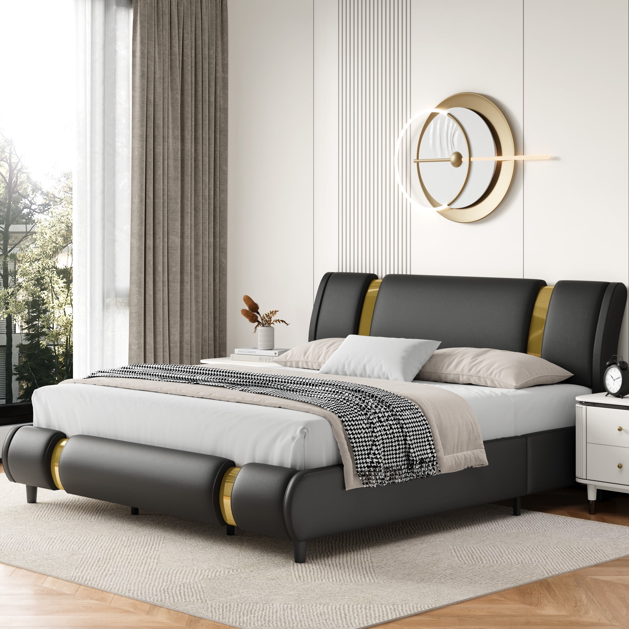 Homfa Full Size Bed Frame, Modern Leather Upholstered Platform Bed Frame with Adjustable White Headboard, No Box Spring Needed