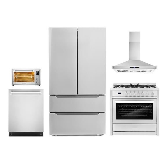 5 Piece Kitchen Package with 36" Freestanding Gas Range 36" Island Range Hood 24" Built-in Fully Integrated Dishwasher French Door Refrigerator & 5.5L Electric Hot Air Fryer