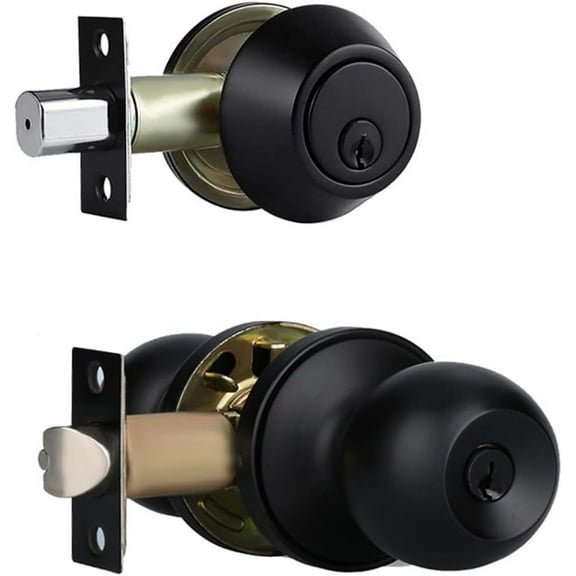 Front Door Lock Set Exterior Door Lock Set with Deadbolt, Single Cylinder Deadbolt Lock and Door Knob Set, Keyed Alike,Matte Black Door Knob and Deadbolt Set(1Pack Set)