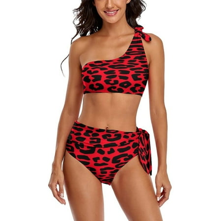 Animal Print Black Red Leopard Spots One Shoulder Bowknot Swimsuit Two Piece Swimsuit Knot Crop Top Bikini High Waisted Bathing Suit