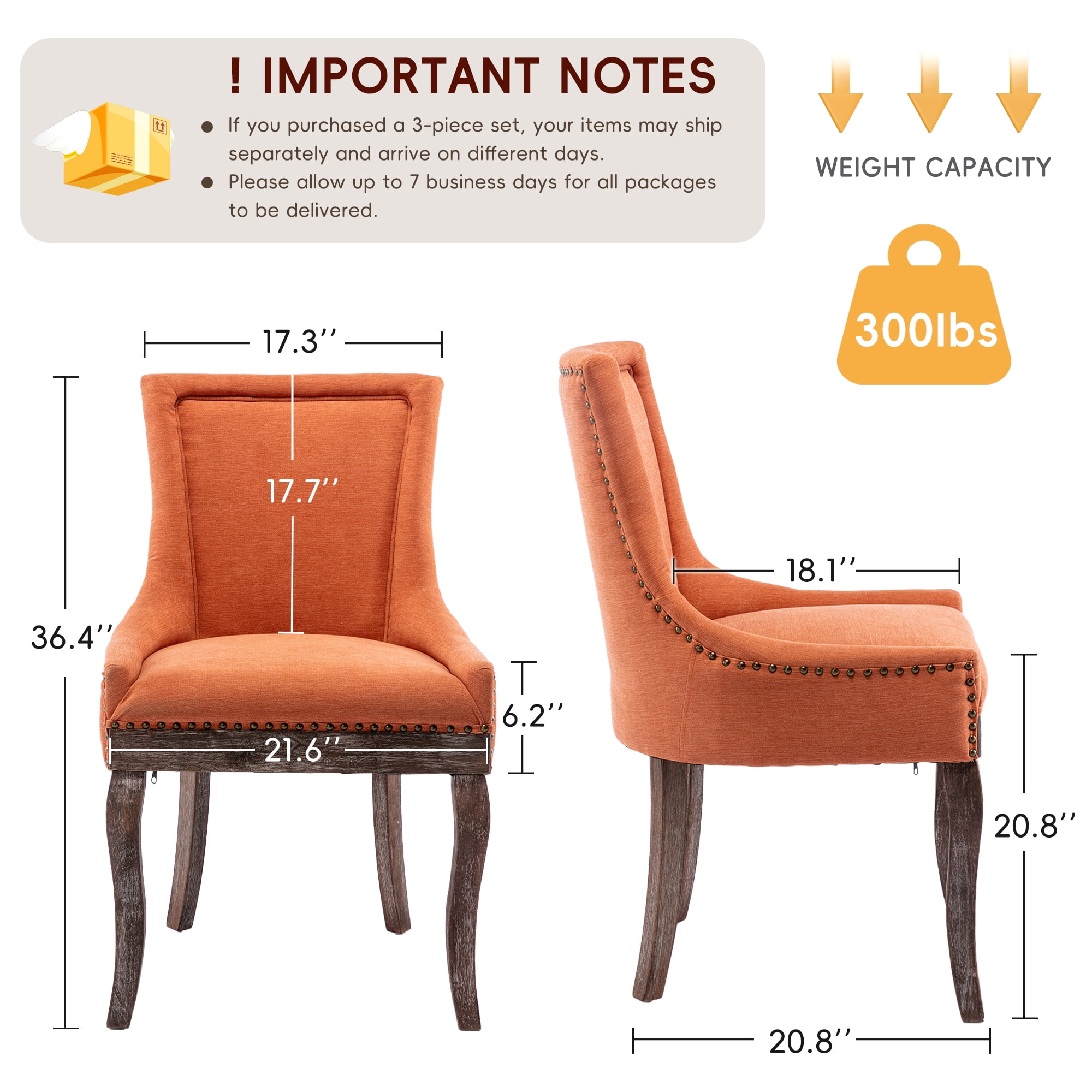 DONICK Vintage Fabric Upholstered Dining Chairs,Solid Wood Kitchen Dining Room Chairs with Nailheads Solid Wood Legs (Orange,Set of 6)