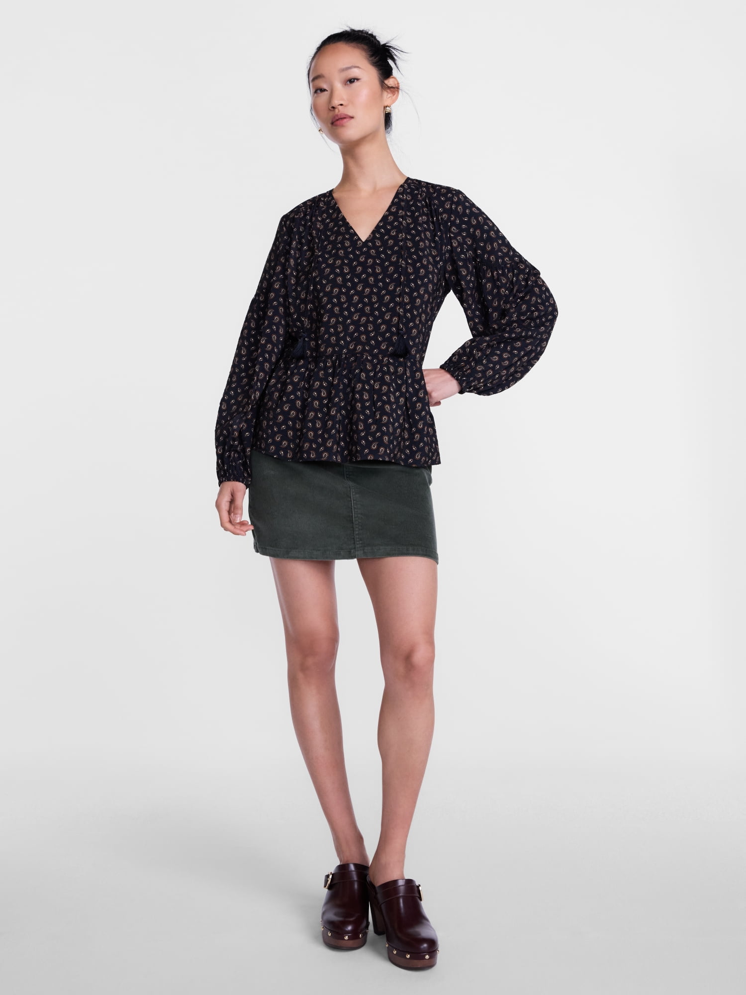 Scenario Women's and Women's Plus Gathered Yoke Blouse with Long Sleeves, Sizes XS-4X