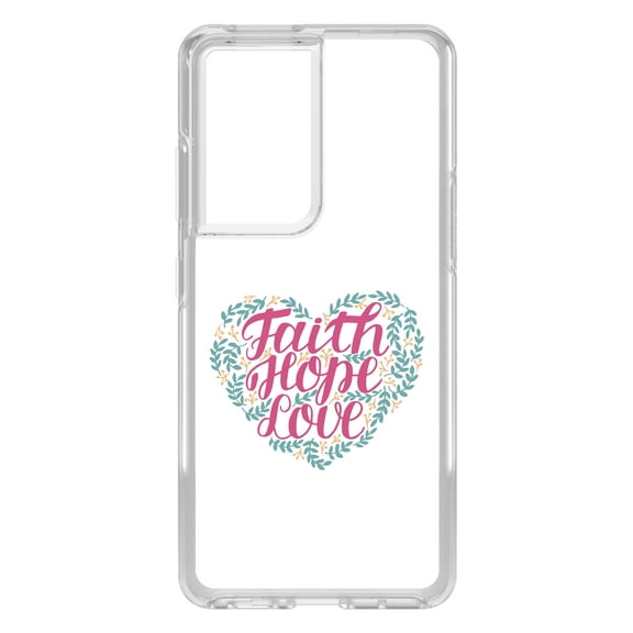 DistinctInk Clear Shockproof Hybrid Case for Galaxy S21 ULTRA 5G (6.8" Screen) - TPU Bumper, Acrylic Back, Tempered Glass Screen Protector - Faith / Hope / Love - Floral