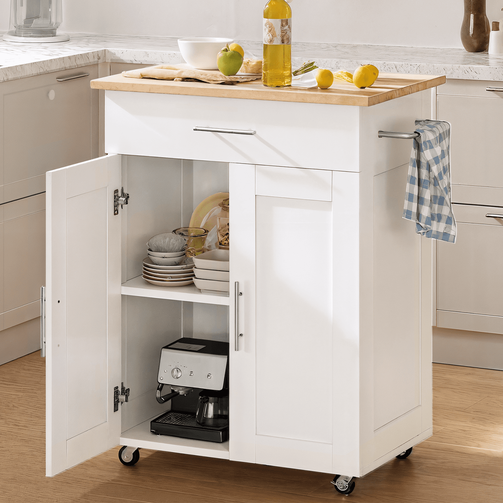PulseFay Kitchen Island Cart with Storage, Small Kitchen Island on Wheels with Large Drawer, Adjustable Shelf & Towel Rack, Rolling Island Table for Kitchen & Dining Room, White