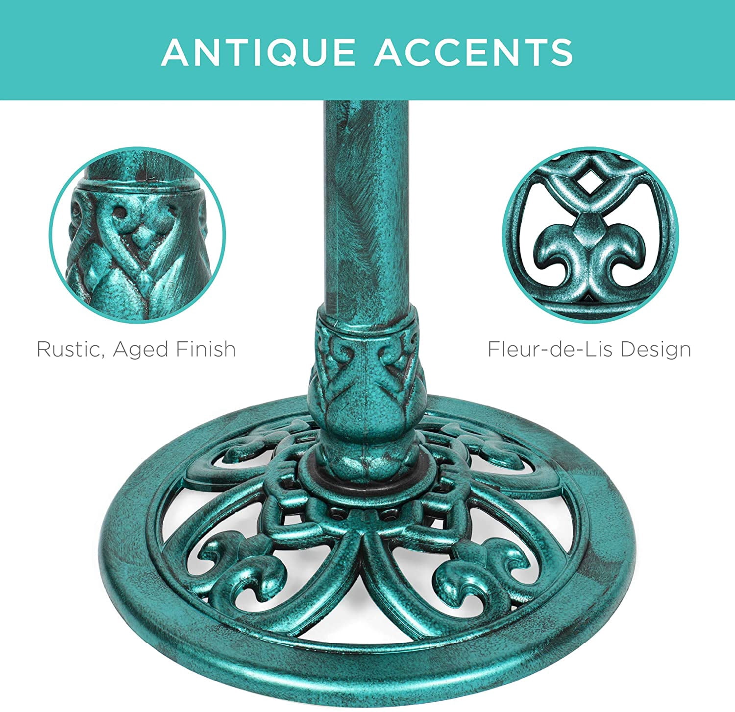 NIUMU  28in Pedestal Bird Bath, Vintage Outdoor Resin Accent Decoration w/Fleur-de-Lis Accents - Green