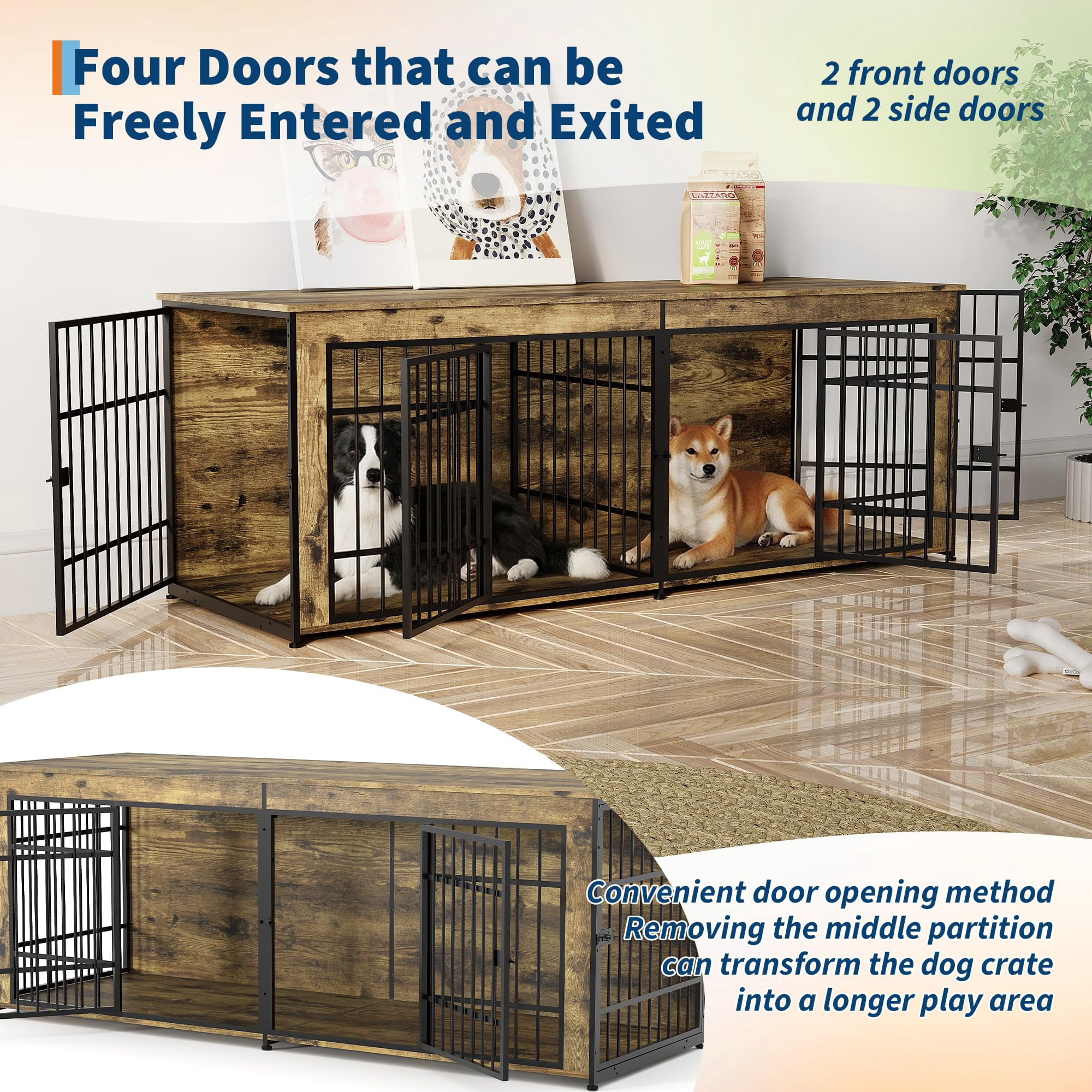 Heavy Duty Extra Large Wooden Dog House Furniture – 4 Doors & Divider – Decorative End Table TV Stand, Indoor Kennel for Large/Medium Dogs – Rustic Tiger Wood, 2m