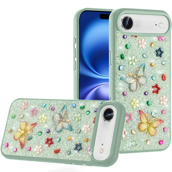 For iPhone 17 Air Butterfly Ornaments Diamond Bling Glitter Hybrid Case - Teal