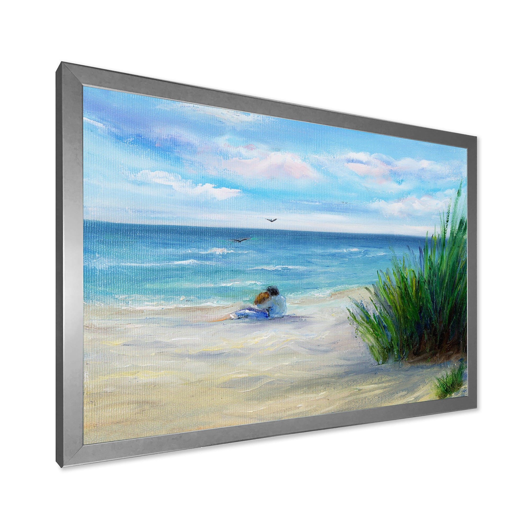 Designart 'Couple Sitting In Love By The Beach' Nautical & Coastal Framed Art Print