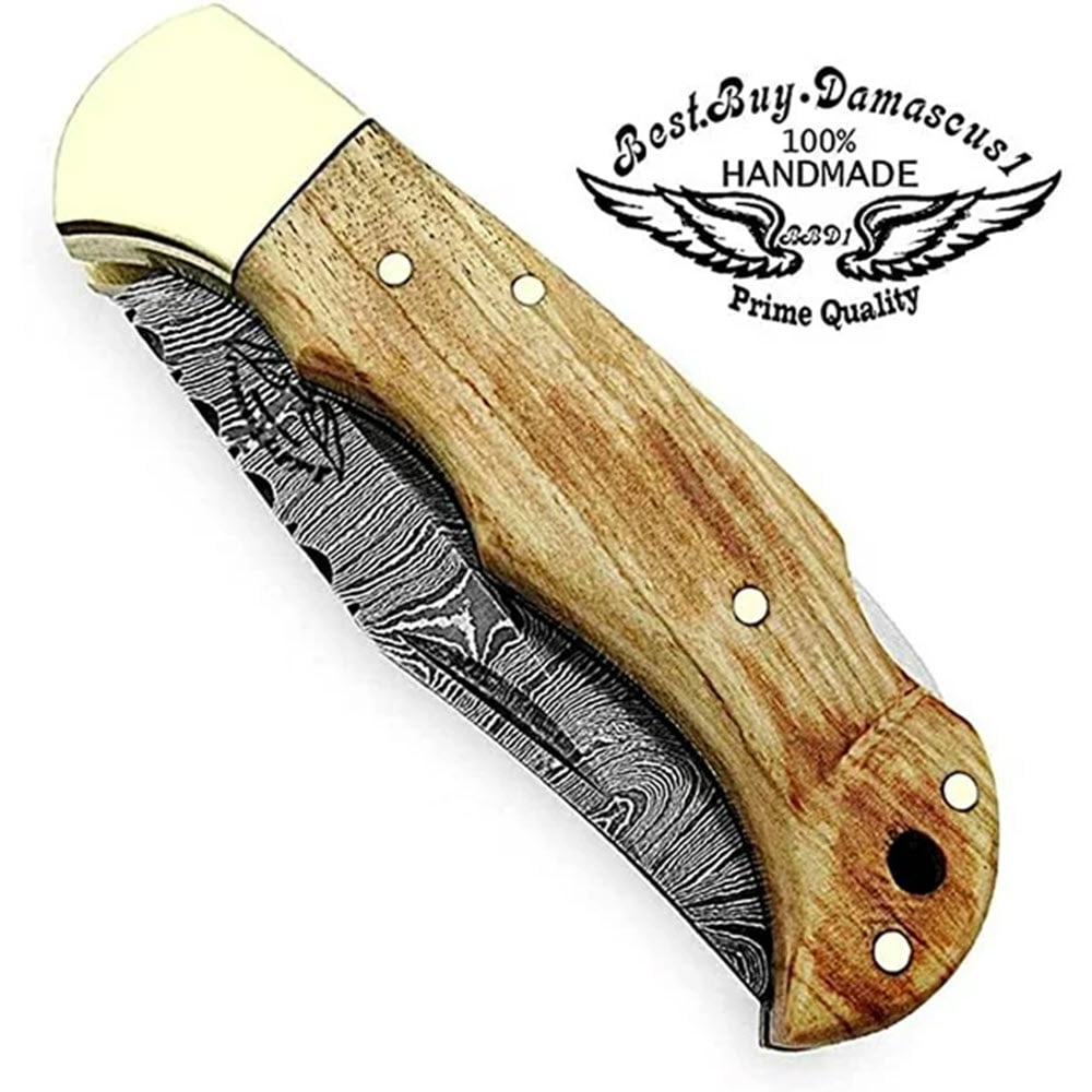 Best.Buy.Damascus1 Pocket Knife Set, Olive Wood Damascus Steel Hunting Knives, 3 in Blade Length