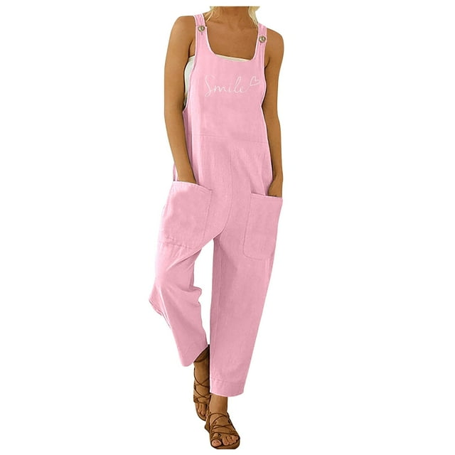 TrendOFT Combinaison une Pièce Femme Décontractée Été Ample Mode Imprimé Bretelles Boutonnée Salopette Rose TTG