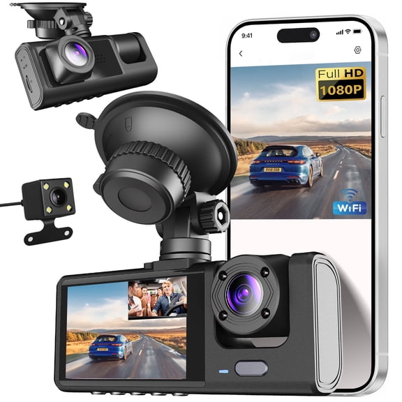 Dash Cam Front and Rear, 3 Channel Dash Cam, 1080P Dash Camera for Cars, Built-in Wi-Fi, Night Vision, Loop Recording