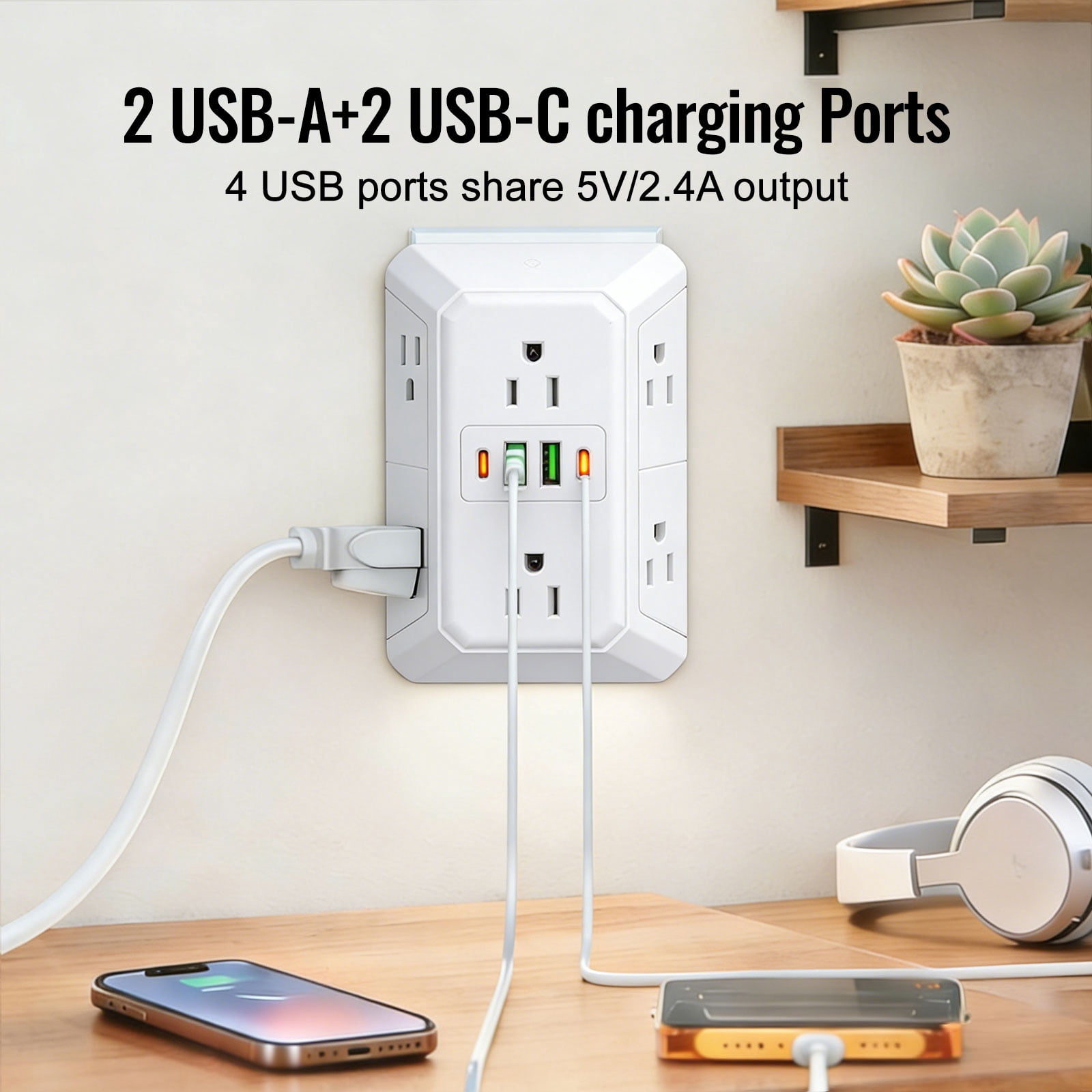 Surge Protector Outlet Extender, 6 Outlets 4 USB Charger (2 USB-A 2 USB-C), 1800J Multi Plug Power Strip for Home Office Dorm.(White 1pcs)