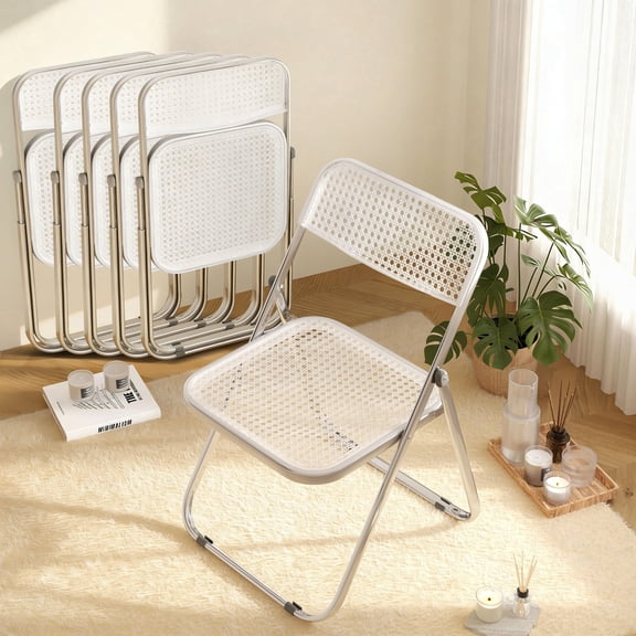 HDHNBA Indoor Outdoor Stackable Rattan Look Plastic Folding Chairs 350 LBS, Set of 6, White
