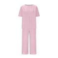 thumbnail image 6 of Linen Capri Set Women 2 Piece Outfits V Notch Short Sleeve Button Down Shirts Summer Flowy Crop Wide Leg Pants Sets, L, 6 of 7