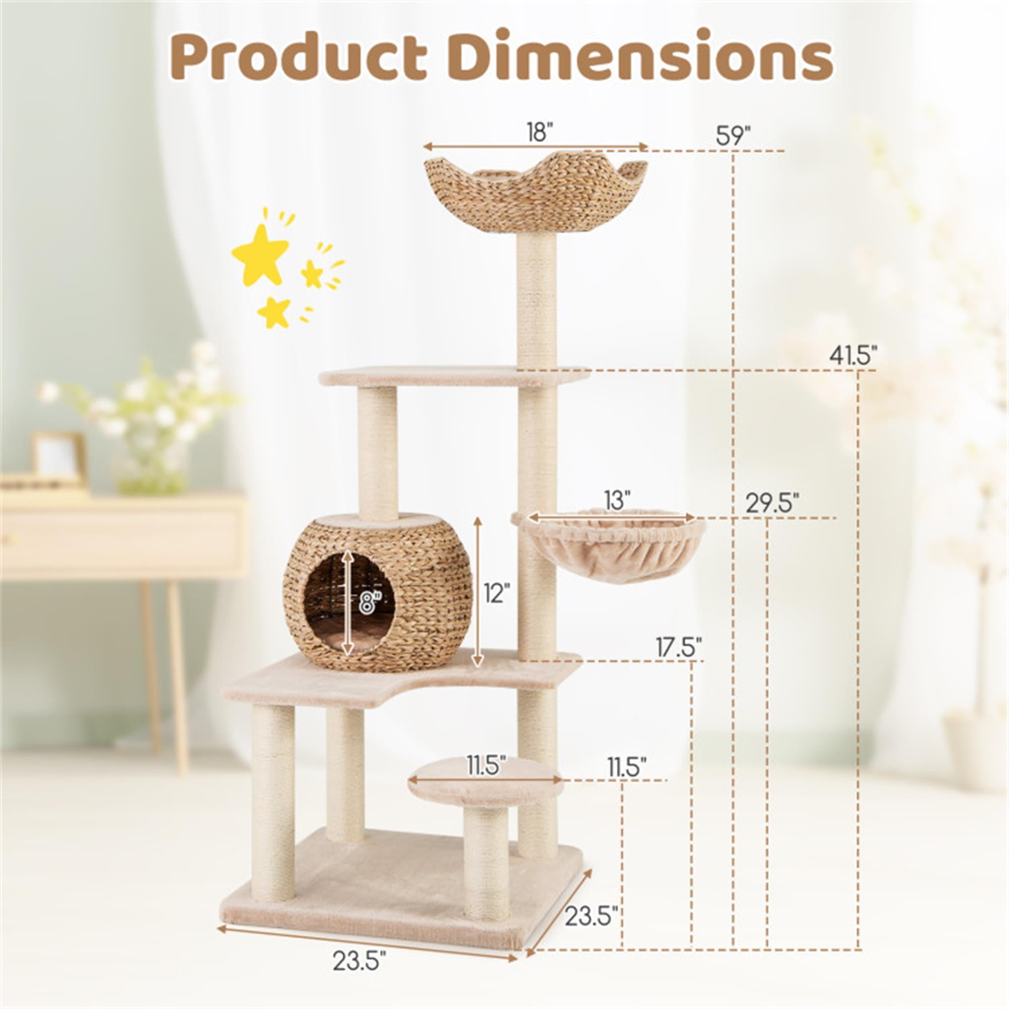 Kadyn 59" Modern Cat Tree Tower for Indoor Cats w/Natural Sisal Scratching Posts, Hand-Woven Condo and Top Perch, Cat Tree House for Kittens Climb Play, Beige