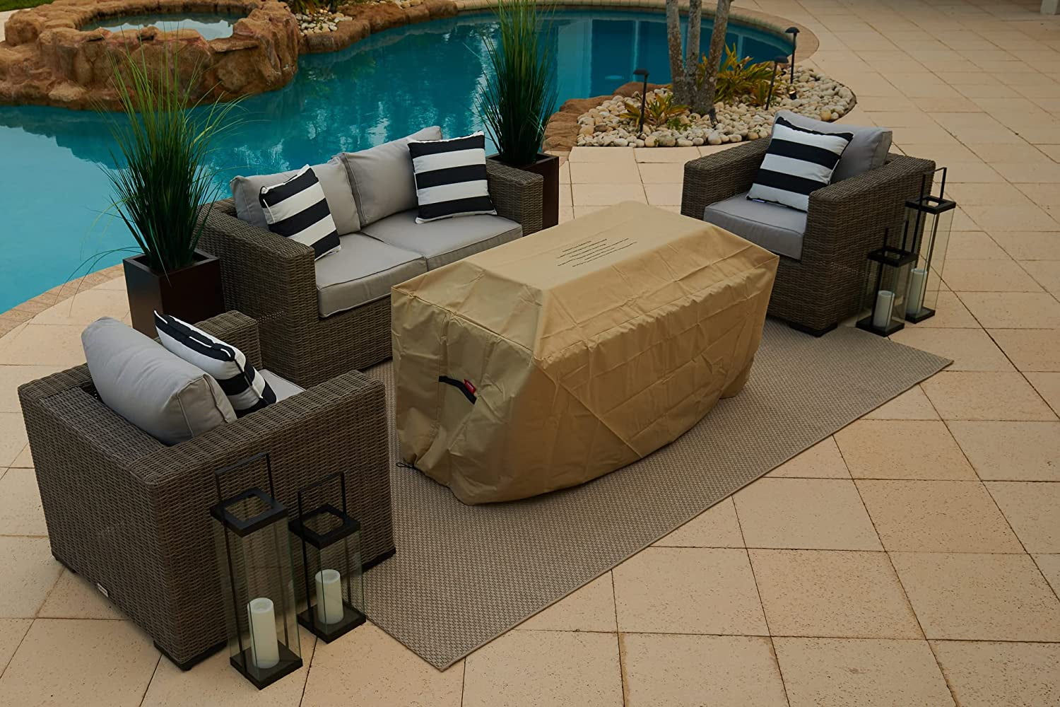 50" Rectangular Concrete Smokeless Fire Pit for Patio, Table W/ Glass Guard and Crystals in Gray (50" Rectangular Gray, Clear Crystals)