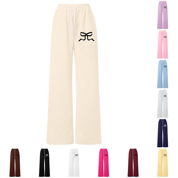 Toddler Girls Sweatpants Elastic High Waist Pants Bow Drawstring Loose Fit Lightweight Straight Leg Athletic Casual Sweatpants Size 110 ,Beige