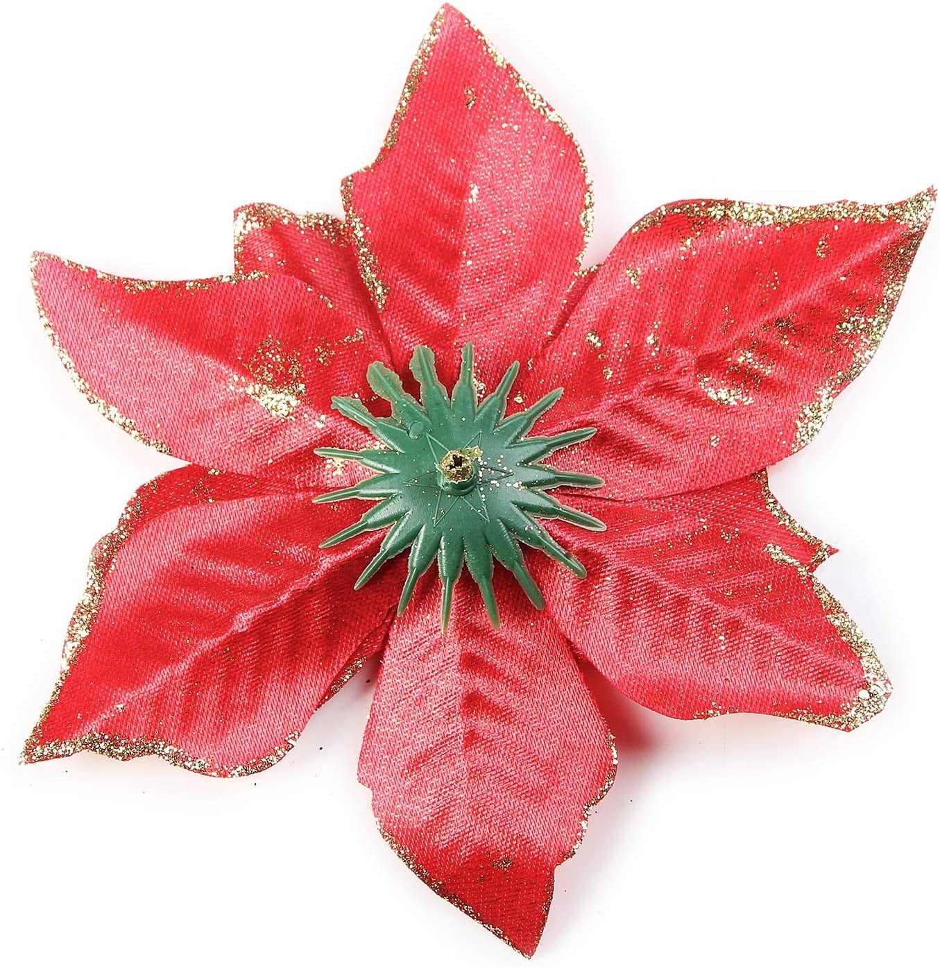 12 Pack Silver Christmas Glitter Poinsettia Flowers Decorative Artificial Poinsettia Flowers - Red