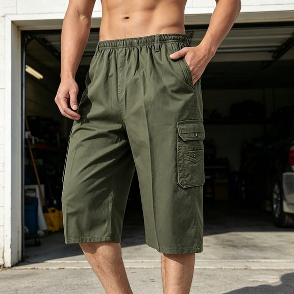BVOFAR Big and Tall Cargo Shorts for Men Lightweight Elastic Waisted Outdoor Shorts Below Knee Long Shorts Loose Fit Summer Casual Shorts Army Green XXXXXL