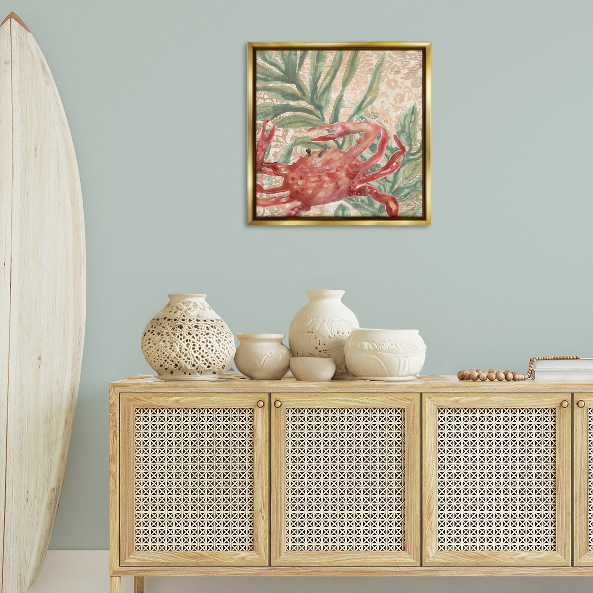 Stupell Industries Crab on Floral Pattern Animals & Insects Painting Gold Floater Framed Canvas Art Print Wall Art, 25 x 25