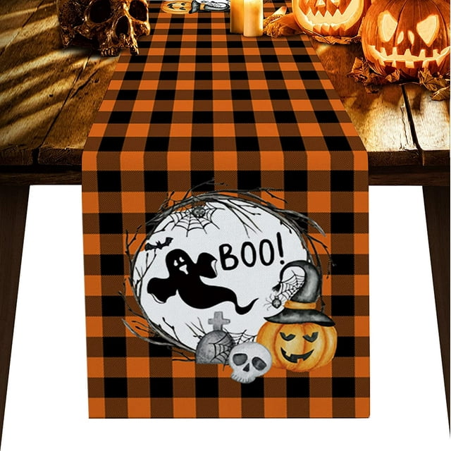 Halloween Boo Table Runners Ghost Spooky Pumpkin Witches Hat Non-Slip Rectangle Party Table Decorations for Kitchen ,Home ,Dining Table ,Outdoor,13X90?Inches Long,Buffalo Check Plaid Orange Black