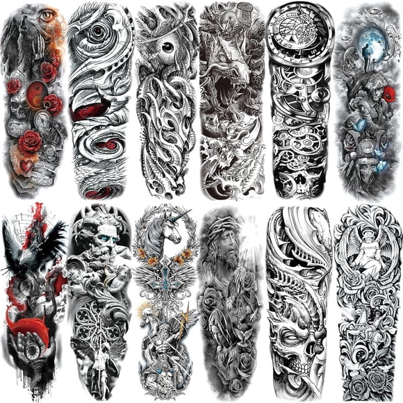 12 hojas negras grandes tatuajes temporales de brazo completo adultos impermeable realista tótem flor mito ángel cráneo tatuajes falsos águila dragón caballo tatuaje kits fiestas festivales cosplay ba