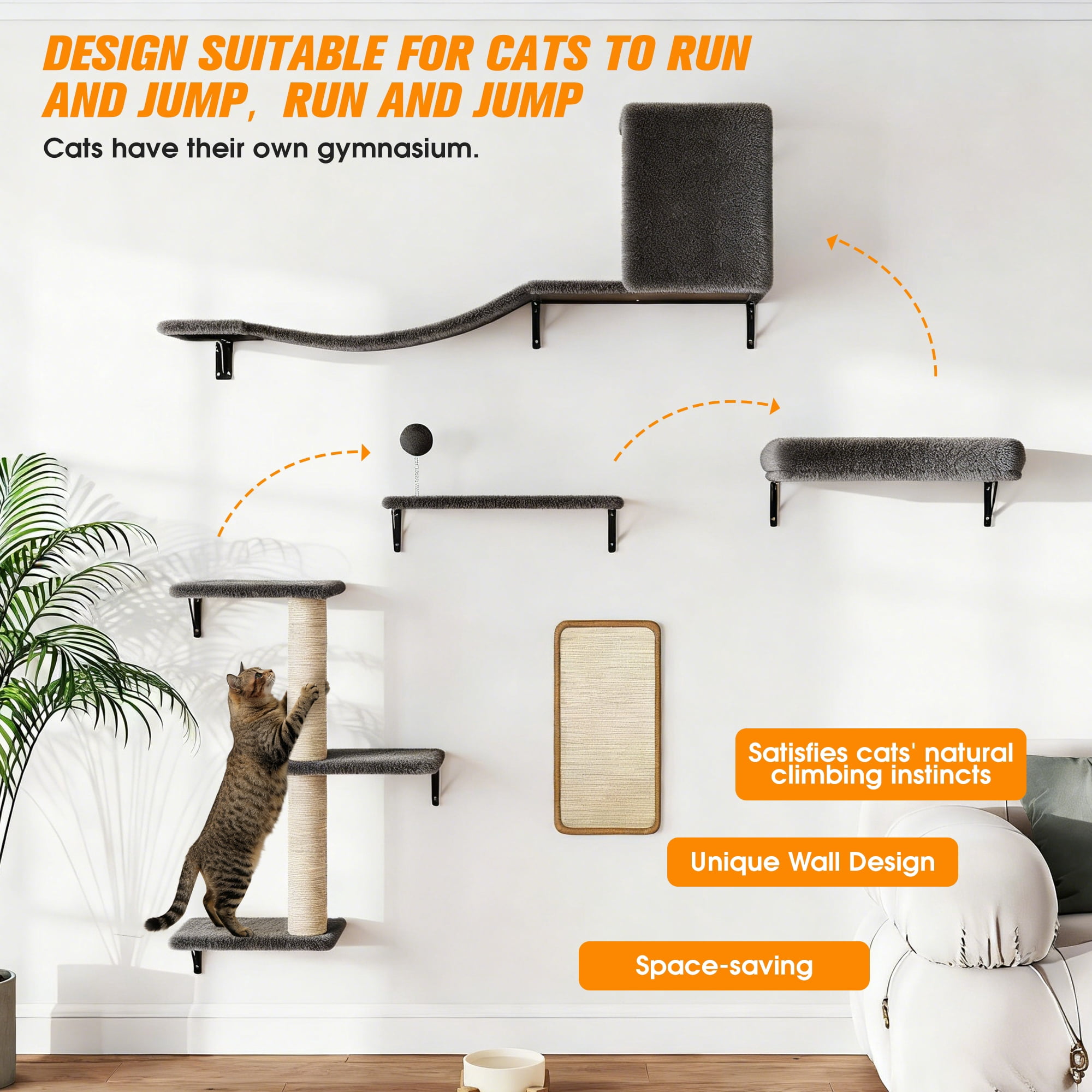 COZIWOW Cat Wall Shelves Set, 5-Piece Wall Mounted Cat Furniture with Cat Tree & Scratching Post(Grey)
