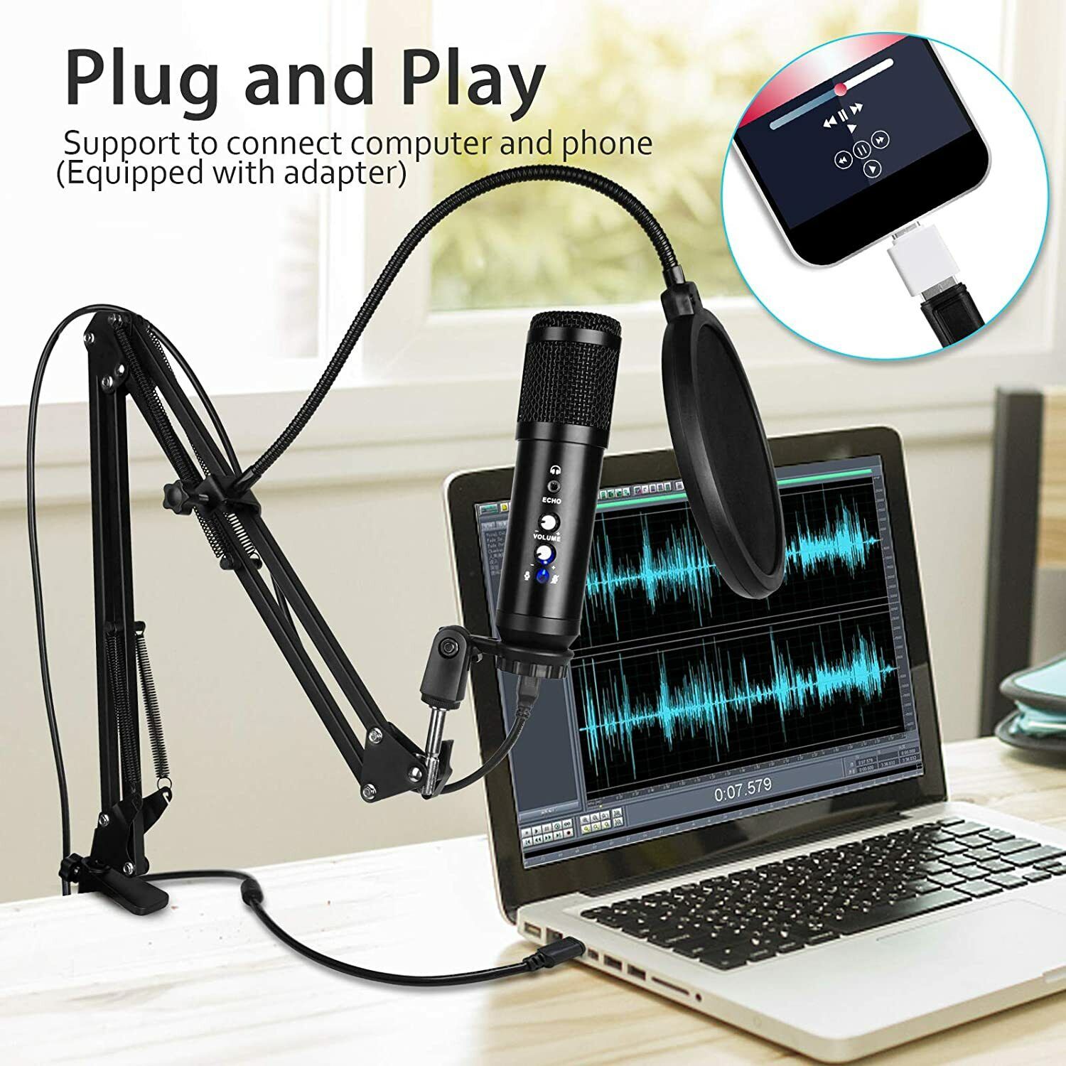 USB Microphone for PC-192KHZ/24Bit Studio Cardioid Condenser Mic Kit Recording