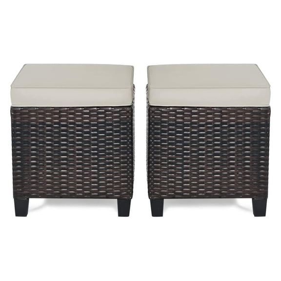 2-Piece Patio Ottoman Set - Wicker Footstools, All Weather PE Rattan Ottoman with Removable Cushions, Square Footrest Seat, Outdoor Stools