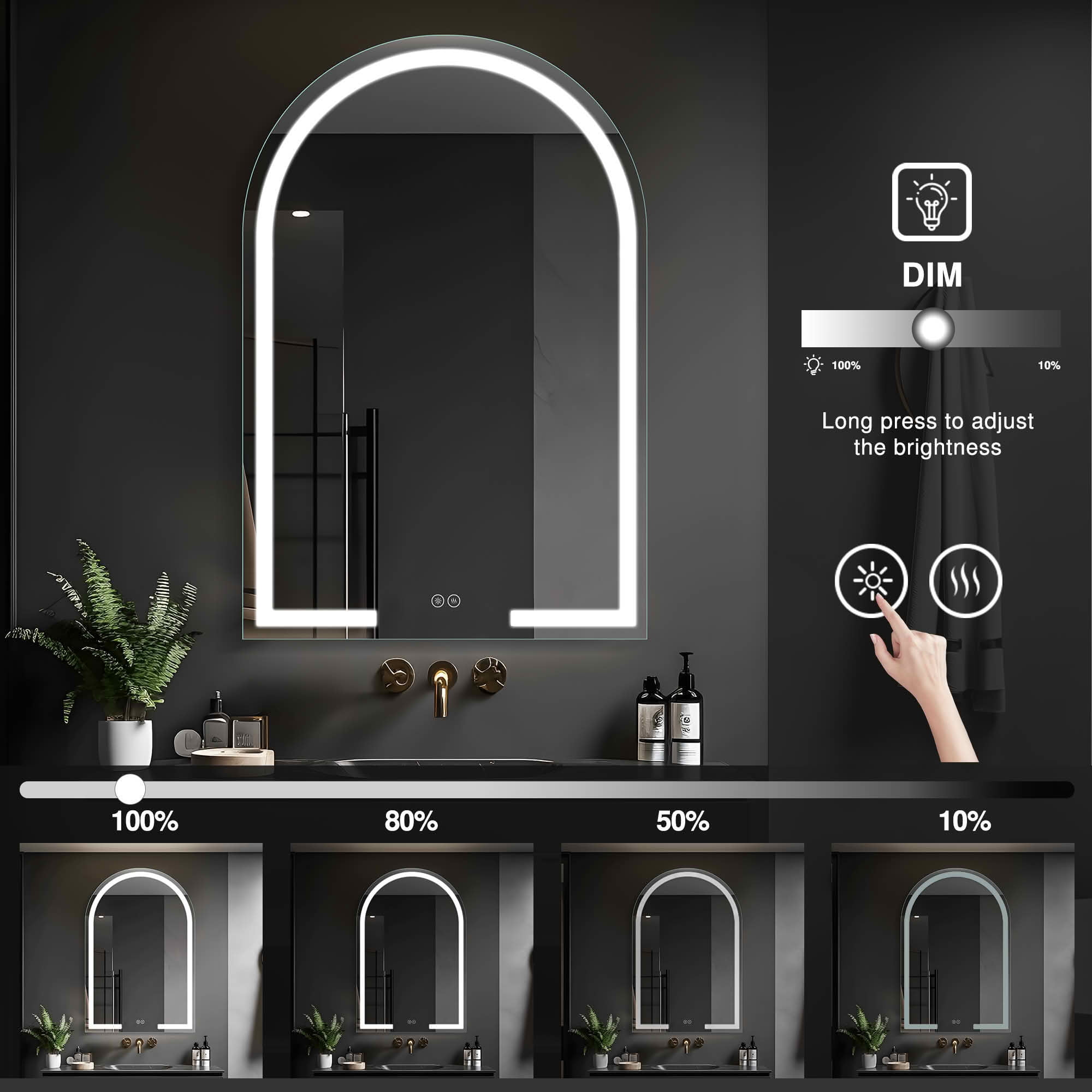 MAYEERTY 38x26 Inch LED Aluminum Arched Bathroom Mirror with Backlight, Defogger & 2 Switches for Bathroom