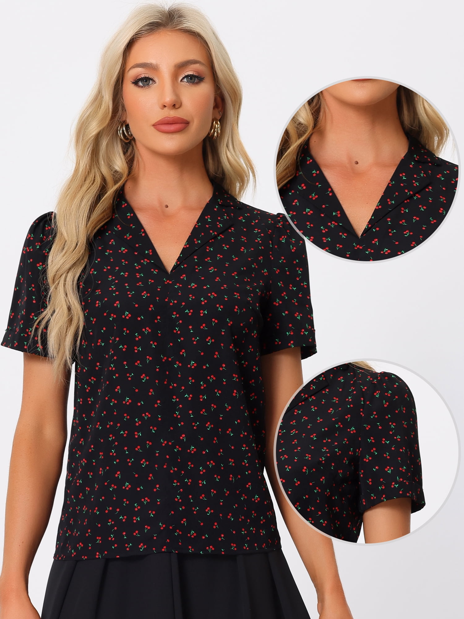 DARING DIVA Women's Short Sleeve V Neck Notch Lapel Collar Shirt S Black