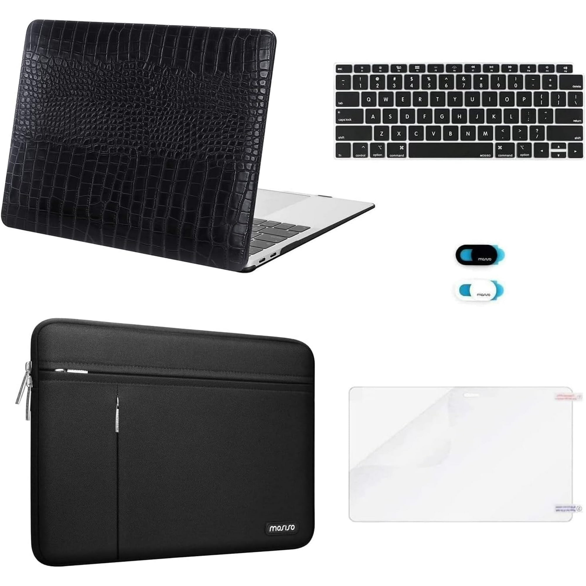 Mosiso 5 in 1 Case for MacBook Air 13 Inch A1932 2019 2018 Release, Crocodile Grain PU Leather Hard Shell&Sleeve Bag&Keyboard Skin&Webcam Cover&Screen Protector, Black