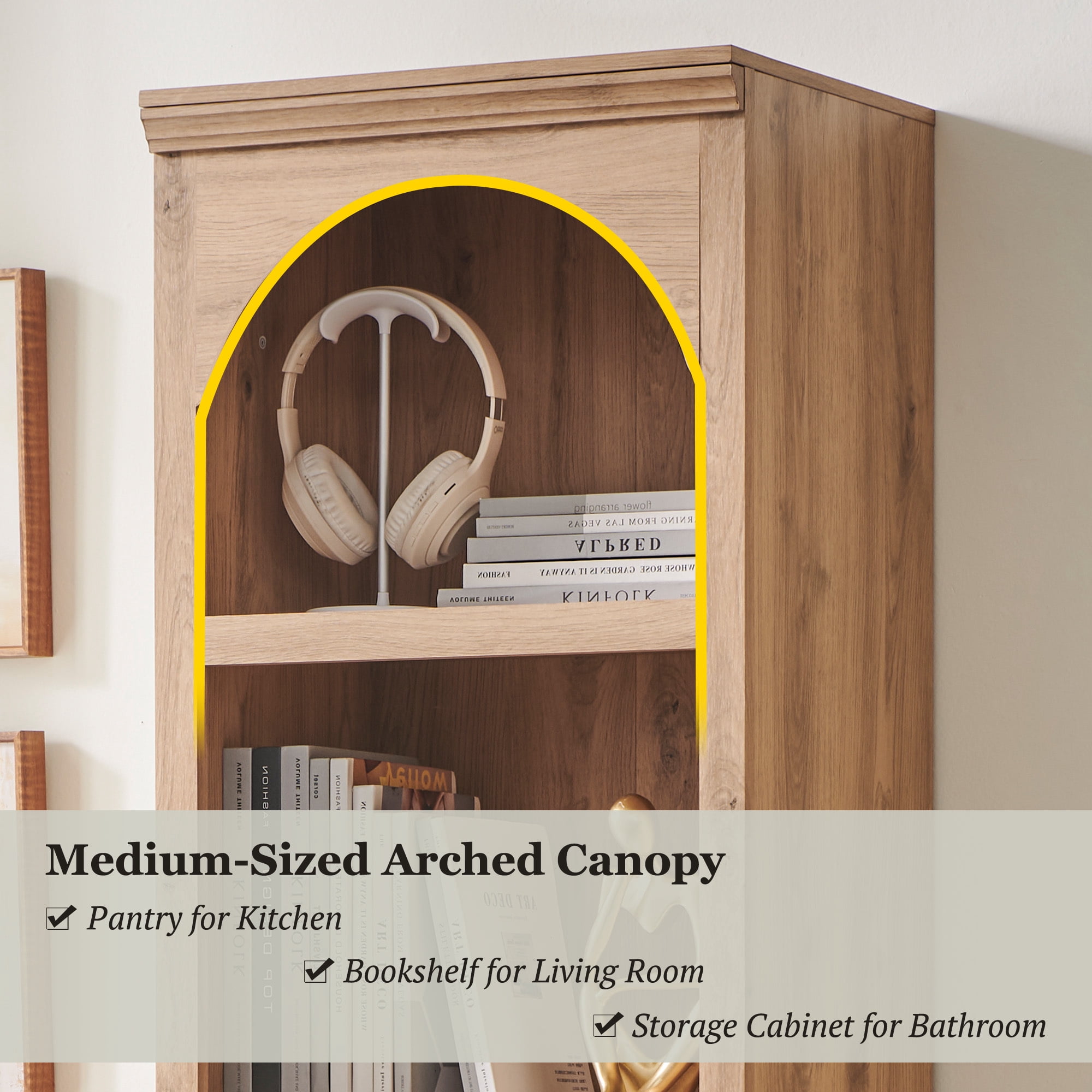 SinCiDo Tall Arched Bookcase, 5-Tier Narrow Bookshelf with Open Display Shelves for Living Room, Natural