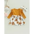thumbnail image 4 of Seyurigaoka Infant Baby Girls A-line Dress Floral Print Knitted Ribbed Round Neck Fly Long Sleeve Princess Dress with Bowknot Headband, 4 of 8