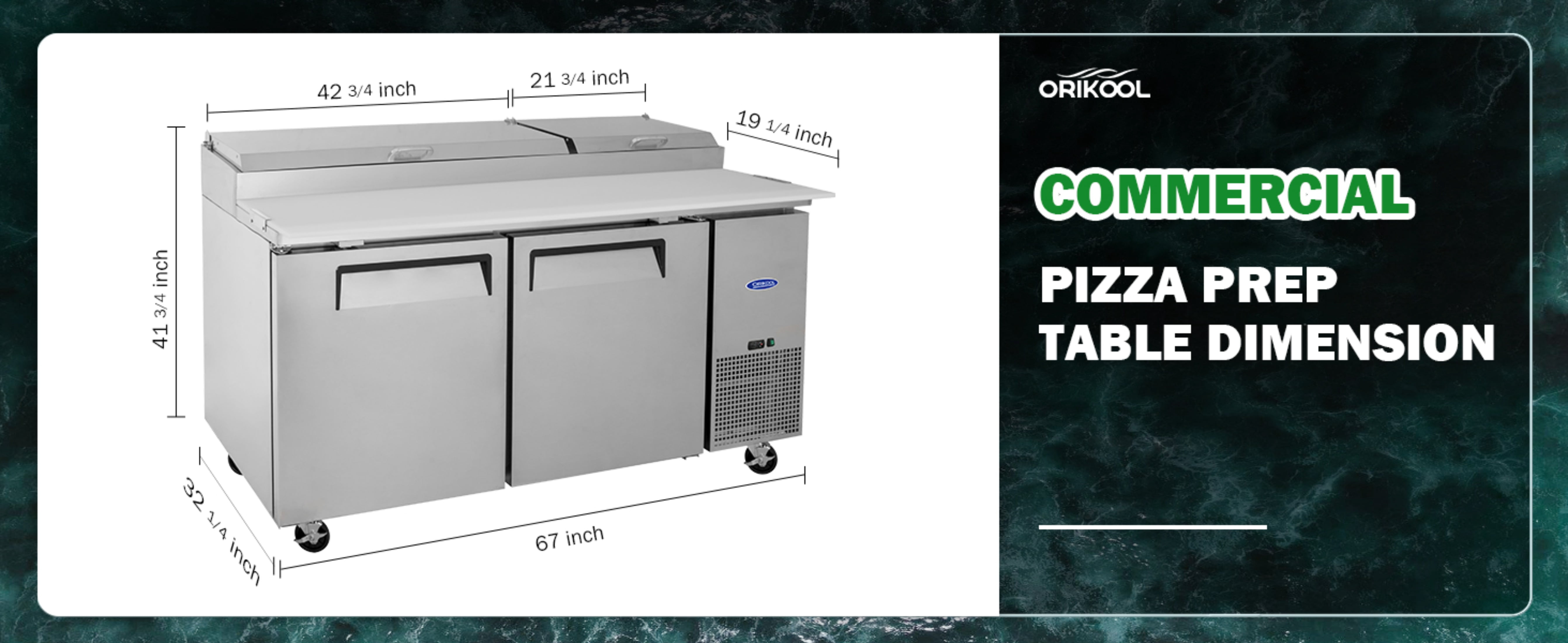 67 IN Commercial Pizza Prep Table with a Built-in Refrigerator 20.3 Cu.Ft, Butcher Block Cutting Board, Protection Lid, Cold Storage, and Smooth-Rolling Casters, ETL Certified （LTL carry)）