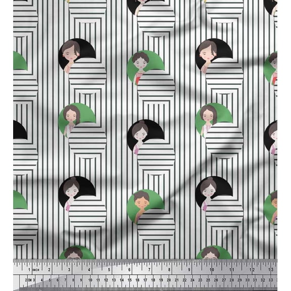 Soimoi Green Velvet Fabric Stripe & Women Face Human Figure Printed Fabric 1 Yard 58 Inch Wide