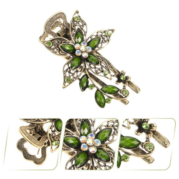 Topbathy Elegant Green Vintage Flower Hair Clamp Crystal Barrettes For Women Hair Clip Barrette