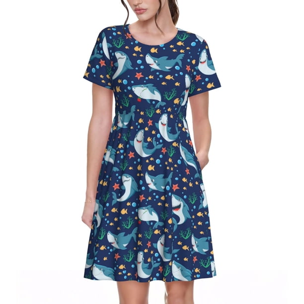 Balery Sea Sharks Vestidos sueltos de manga corta para mujer, vestidos de verano 2025, vestidos casuales de corte A con vuelo.